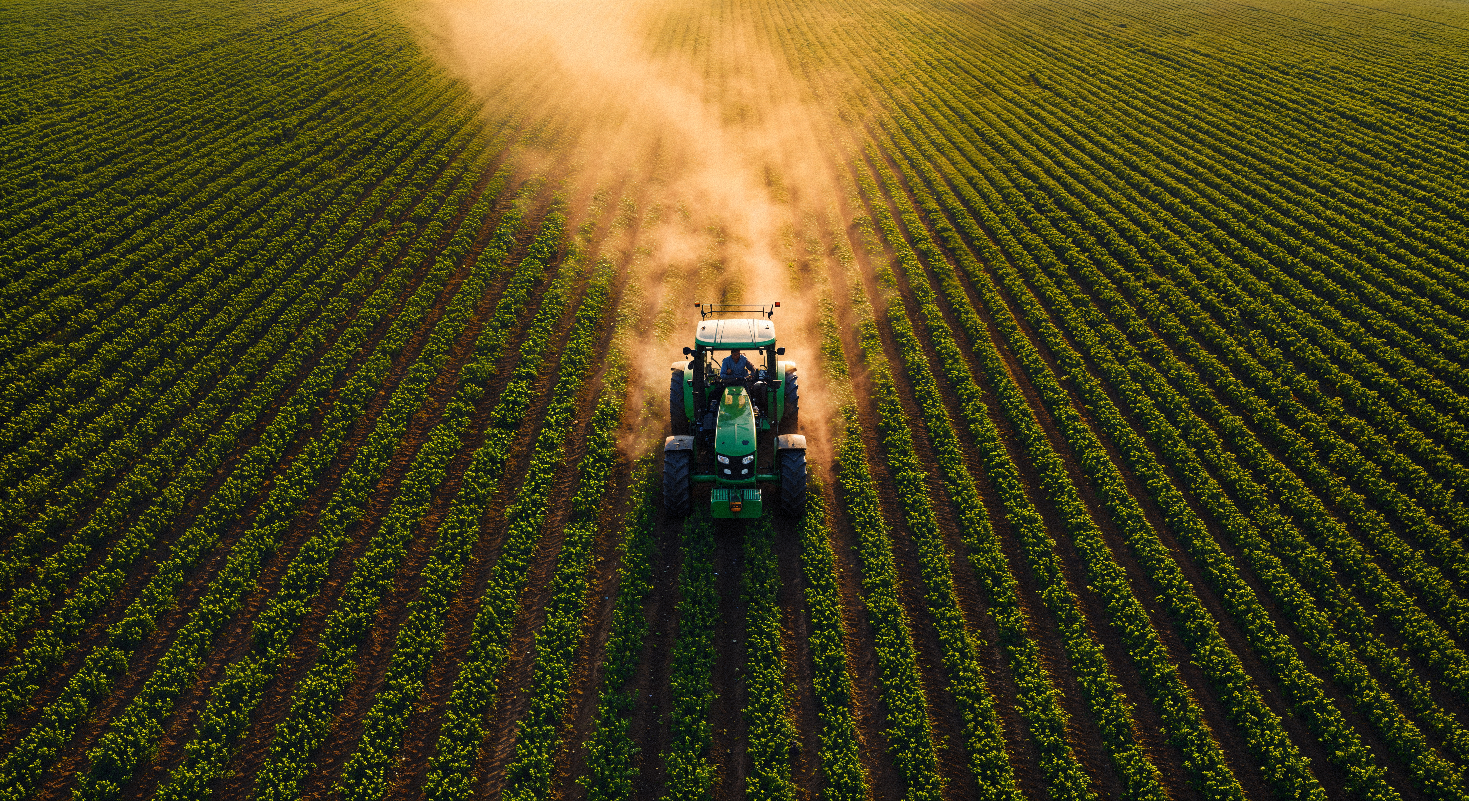 Tractor operating in a green agricultural field